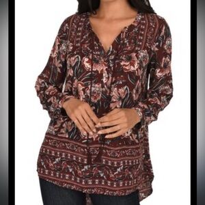 DR2 Floral Print Tunic Top - Burgundy and Pink